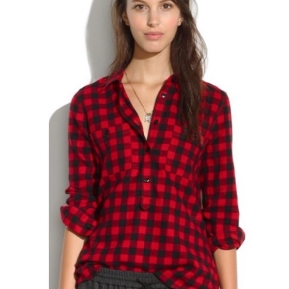 J. Crew Red & Navy Plaid Flannel Popover - Picture 1 of 4